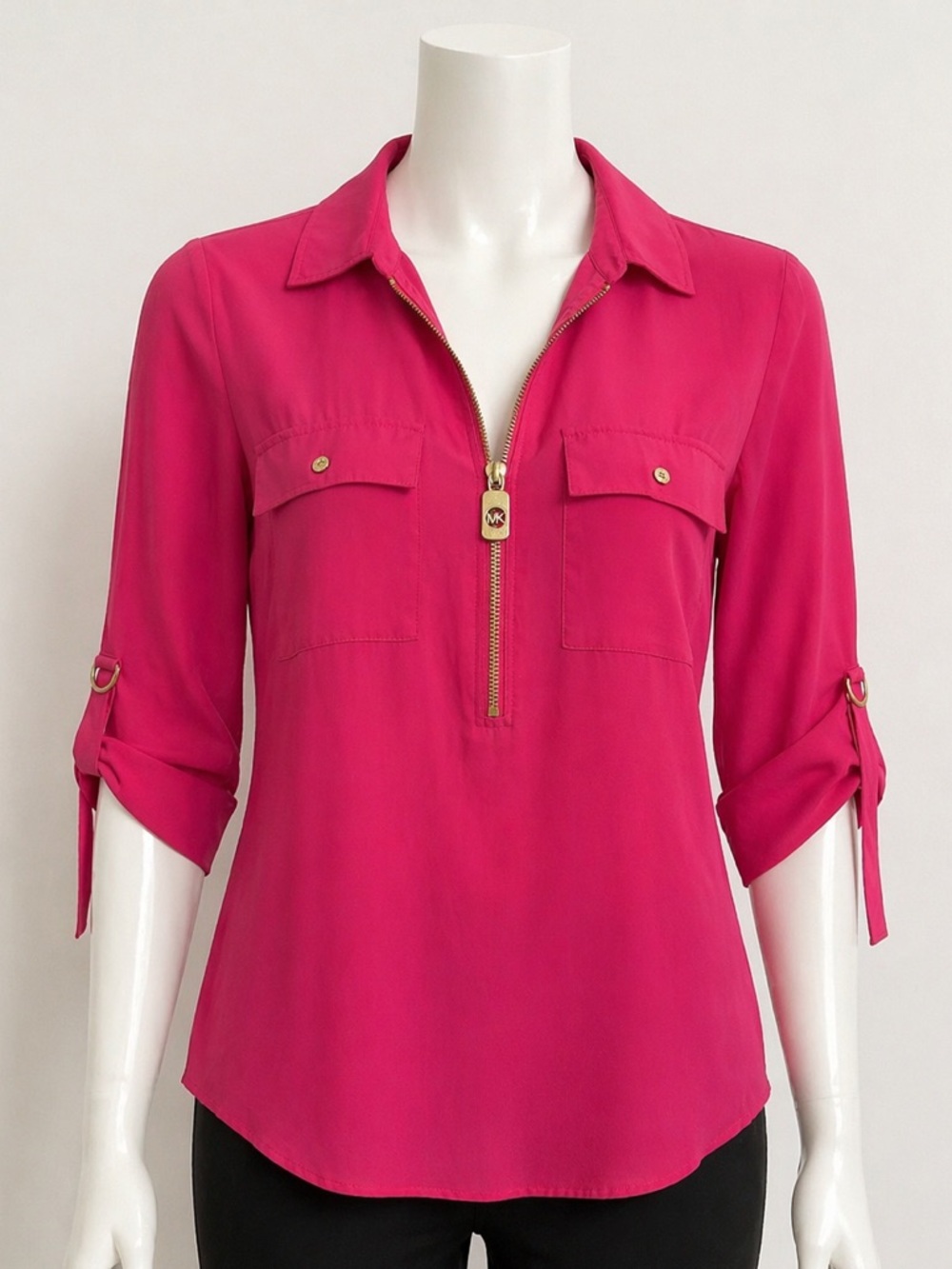 Michael Kors Fuchsia Half-Zip Roll-Sleeve Blouse